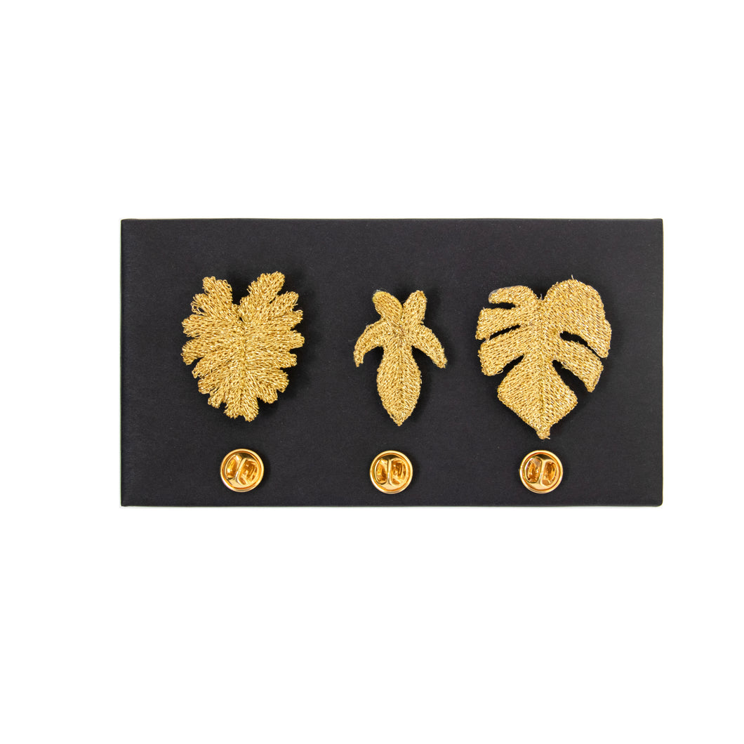 Broches Brodées Or – 3 feuilles tropicales